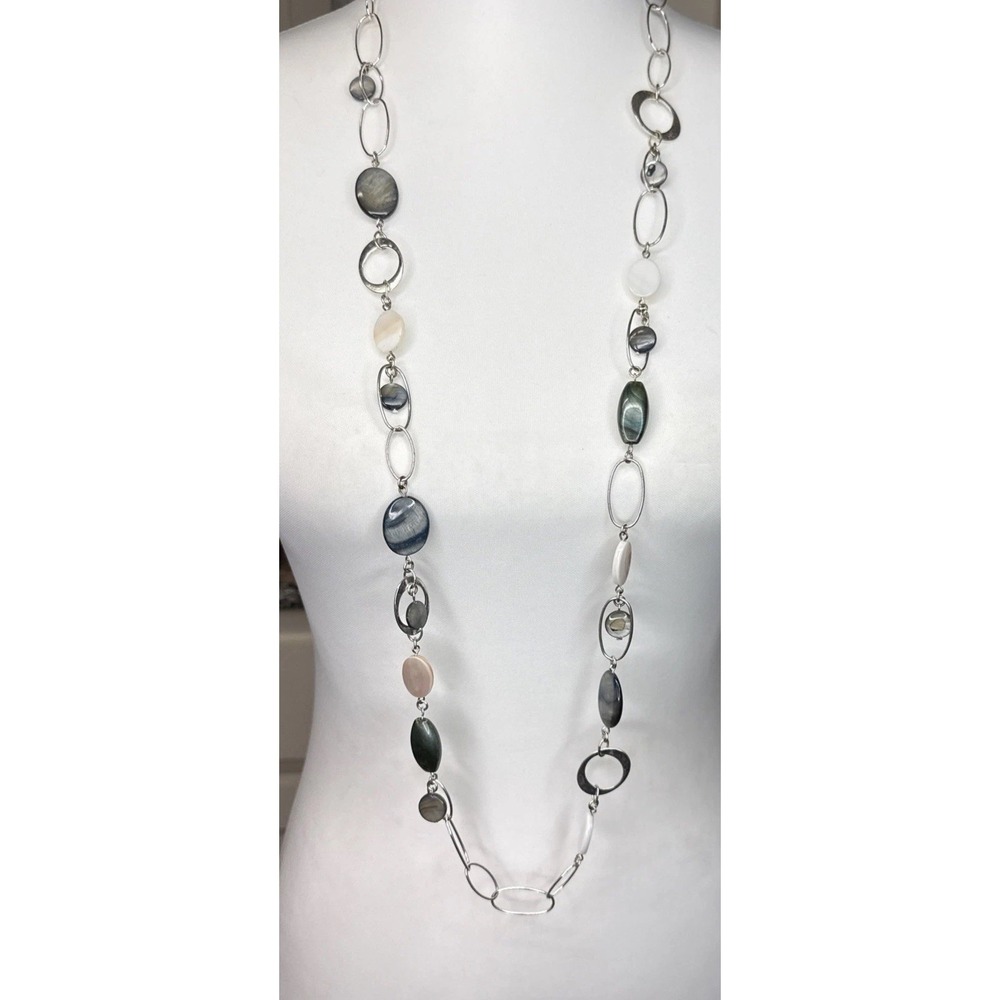 Long Silver Tone Link Necklace & Earrings Glass Beads Neutral‎ Modern Minimalist